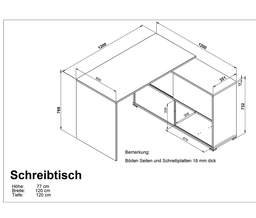 Technische Zeichnung eines anthrazit- und eichenfarbenen Eckschreibtisches "Slide" mit Maßangaben.