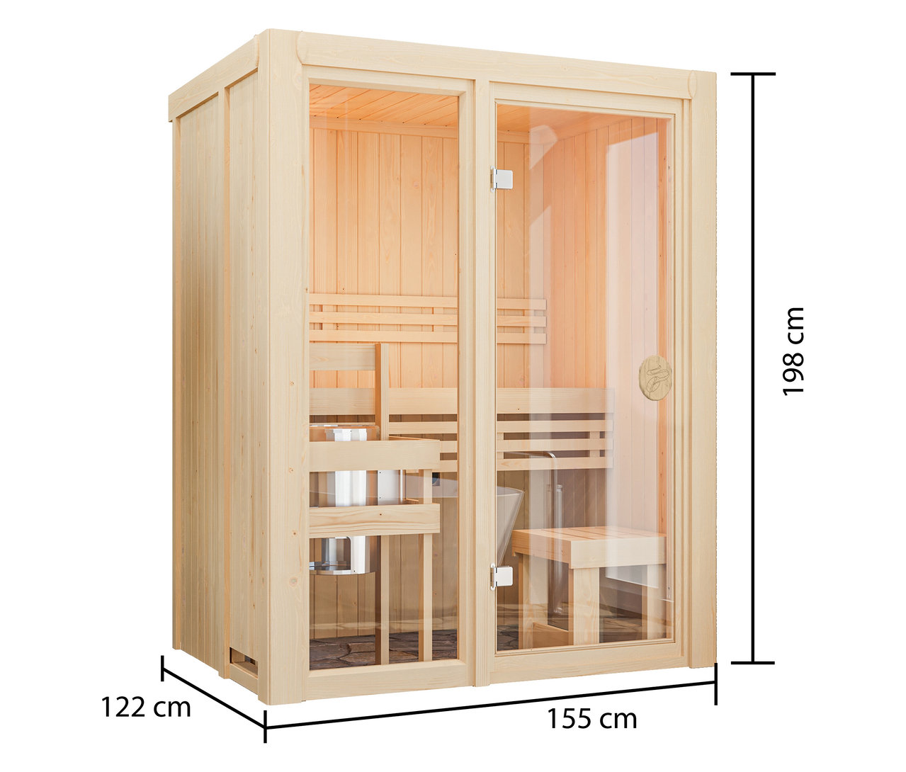 Abbildung der Karibu Sauna »Vivi 1«, Bio, mit Holzbänken und Glastüren.
