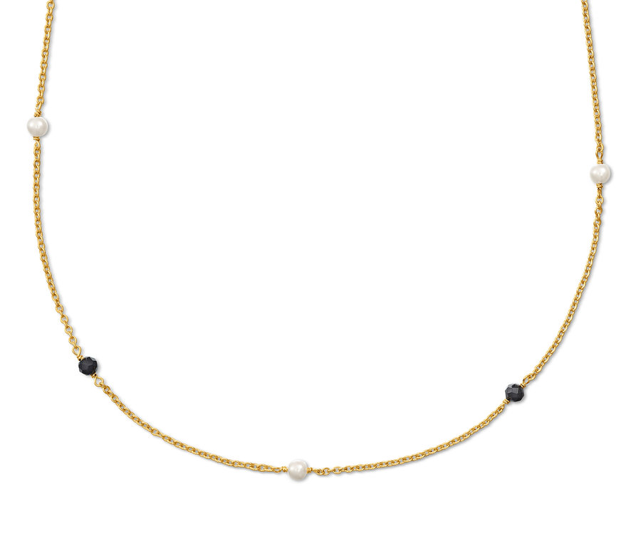 Goldene Kette Black and White mit Perlen und schwarzen Kügelchen.