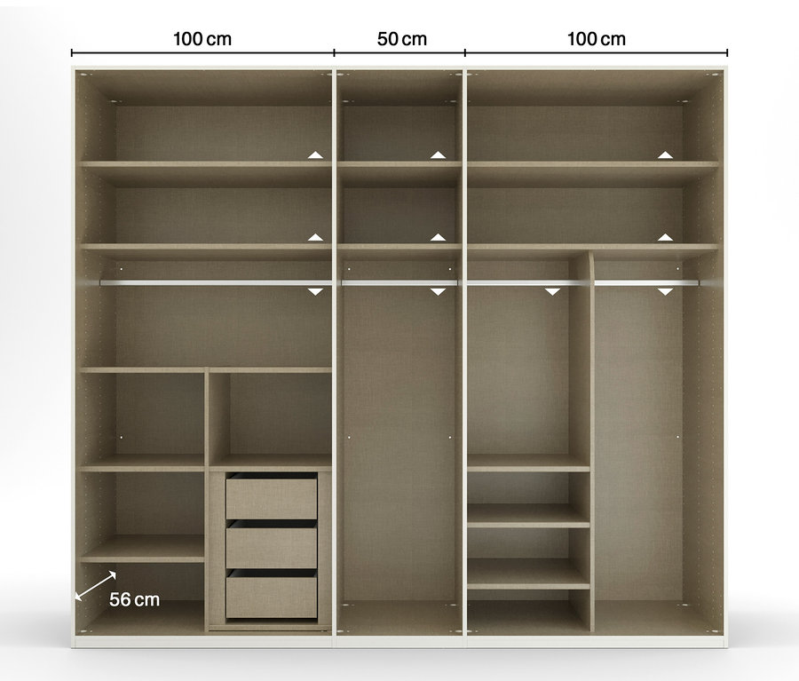 Innenansicht eines beige-farbenen, fünftürigen Drehtürenschranks »Skat Glamour« von Rauch mit Regalen, Schubladen und Kleiderstangen.
