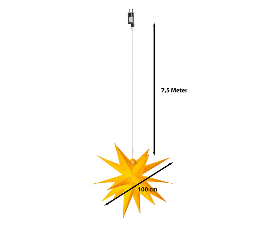 Ein gelber AMARE XXL-LED-Stern mit 100 cm Durchmesser hängt vor einem weißen Hintergrund.