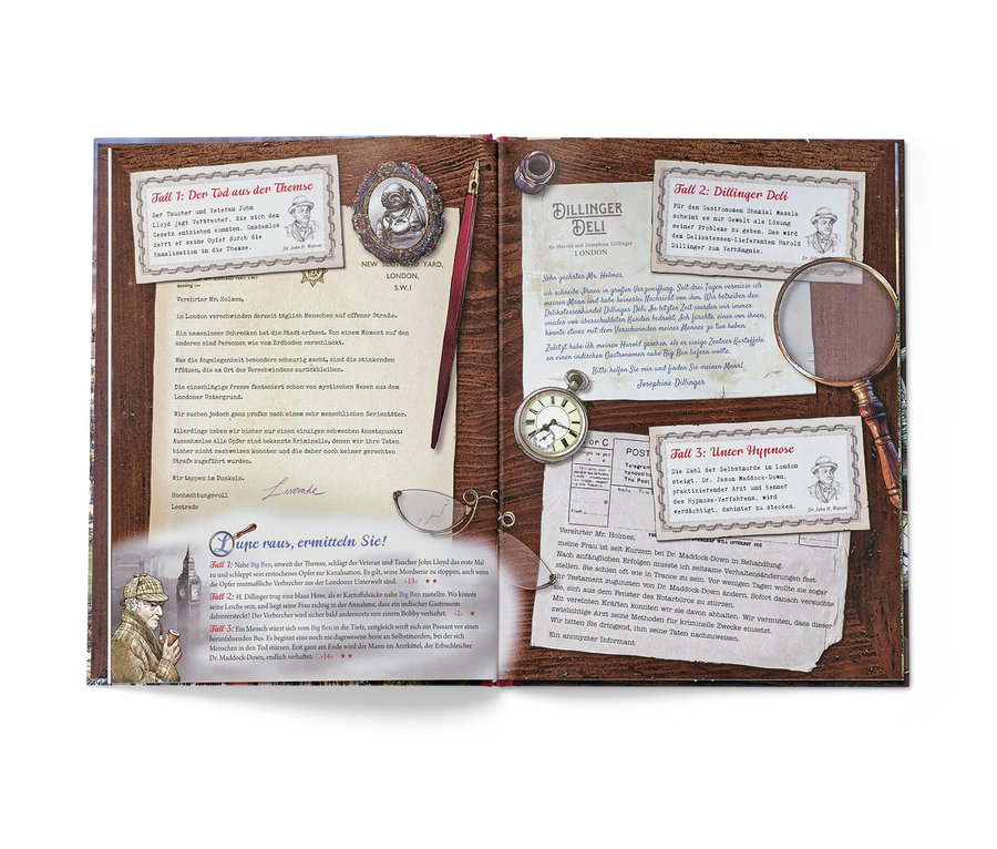 Aufgeschlagenes Buch mit Illustrationen und Text im Detektiv-Stil, mit dem Buch "Micro Crimes – das Krimi-Suchbuch".