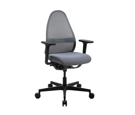 Nahaufnahme eines grauen Topstar »SOFT SITNESS ART« Bürostuhls mit schwarzen Armlehnen und Untergestell.