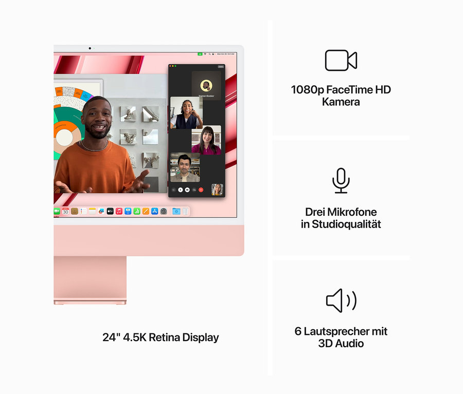 Auf dem Bildschirm eines rosa Apple iMac 24" findet ein Videoanruf mit vier Personen statt. Zu sehen ist ein Apple iMac 24" M3 8-Core CPU, 8-Core GPU, 8 GB RAM, 256 GB SSD, rosa