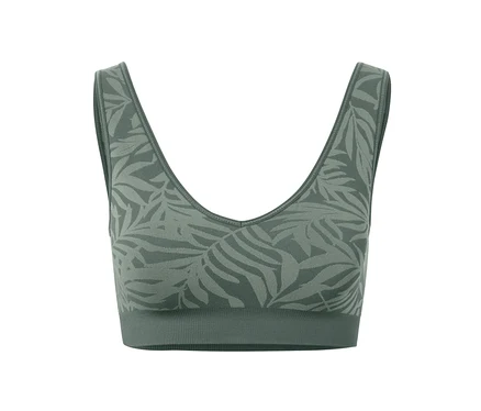 Detailansicht eines Seamless-Sport-Bustiers in Salbei mit Blattmuster.