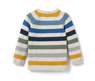 Kinder-Strickpullover mit bunten horizontalen Streifen.