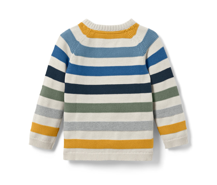 Kinder-Strickpullover mit bunten horizontalen Streifen.
