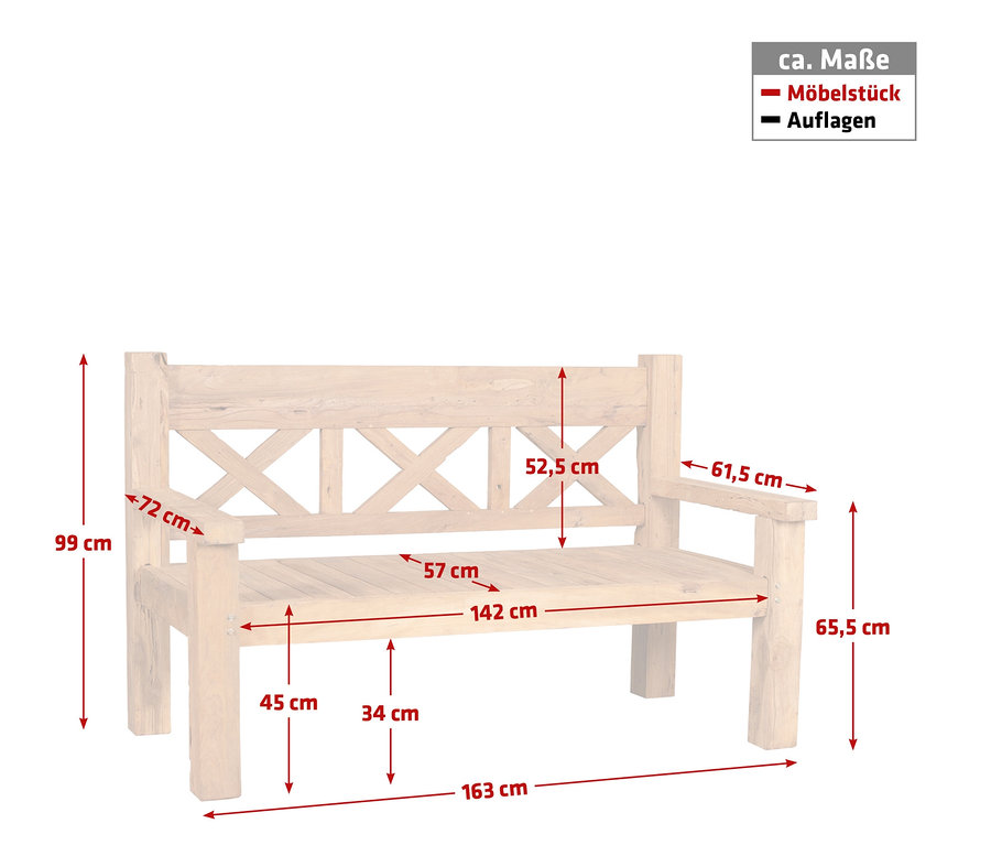 Abmessungen der deVries Gartenbank werden mit roten Linien dargestellt.