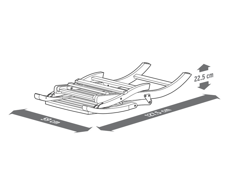 Eine Illustration eines zusammengeklappten Deckchairs mit ausziehbarer Fußlehne und Abmessungen.
