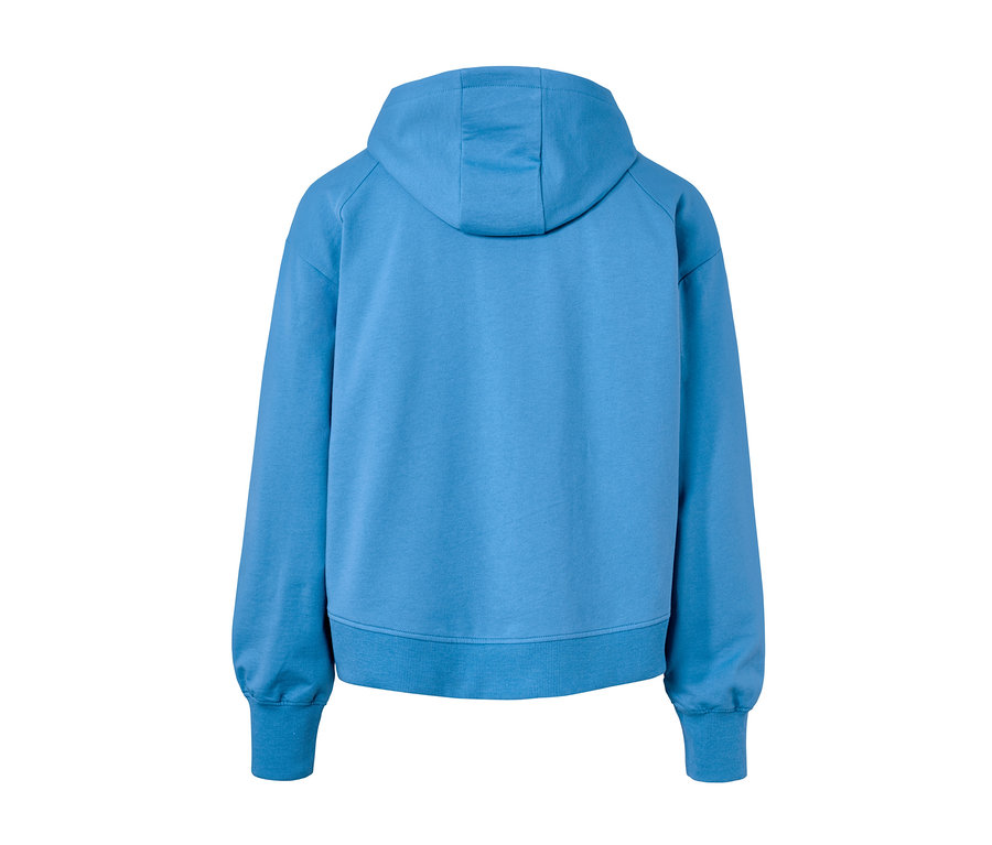 Rückansicht einer blauen Sport-Sweatjacke.