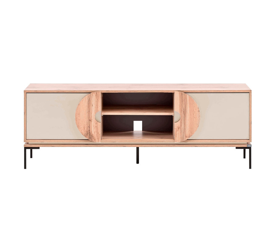 Beiges Lowboard mit zwei Regalen und hölzernen Akzenten an den Türen. Das Lowboard ist ein LOOKS by Wolfgang Joop Lowboard mit Griffapplikationen.