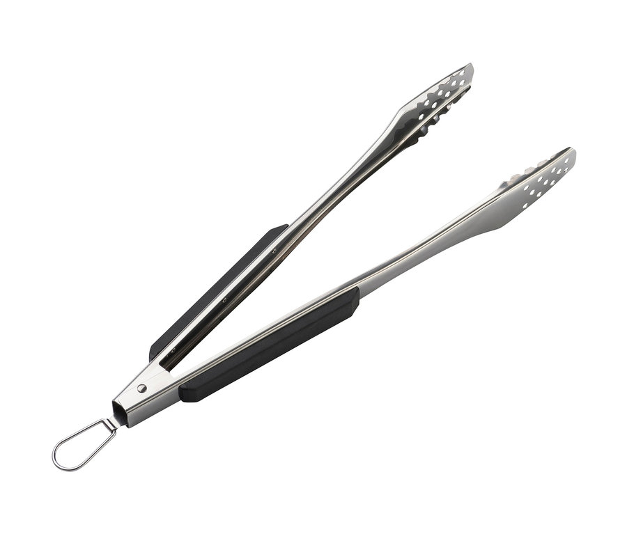 Grillzange aus Edelstahl mit schwarzen Griffen, von Landmann Grillzubehör.