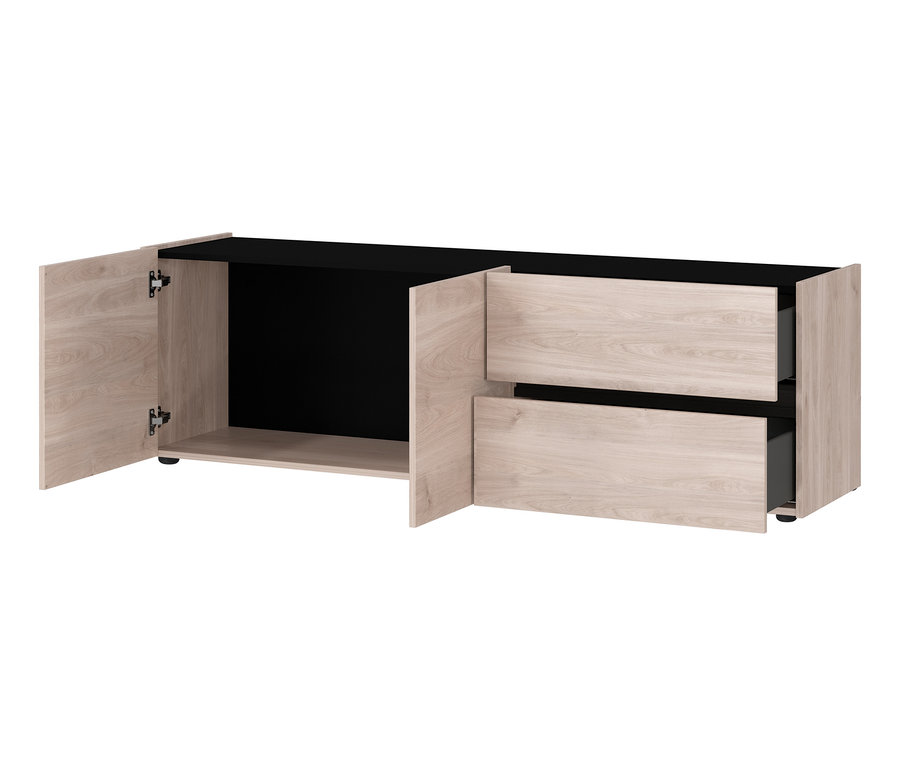 Geöffneter Lowboard »Cantoria« Schrank mit zwei Schubladen und einem Regal.