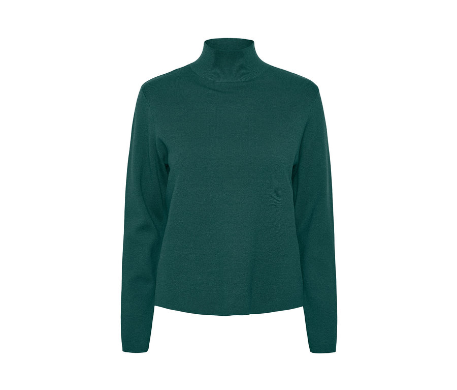 Petrolfarbener Strickpullover.