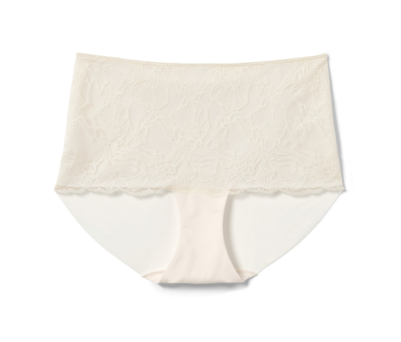 Nahaufnahme einer beigen Highwaist-Panty mit Spitze.