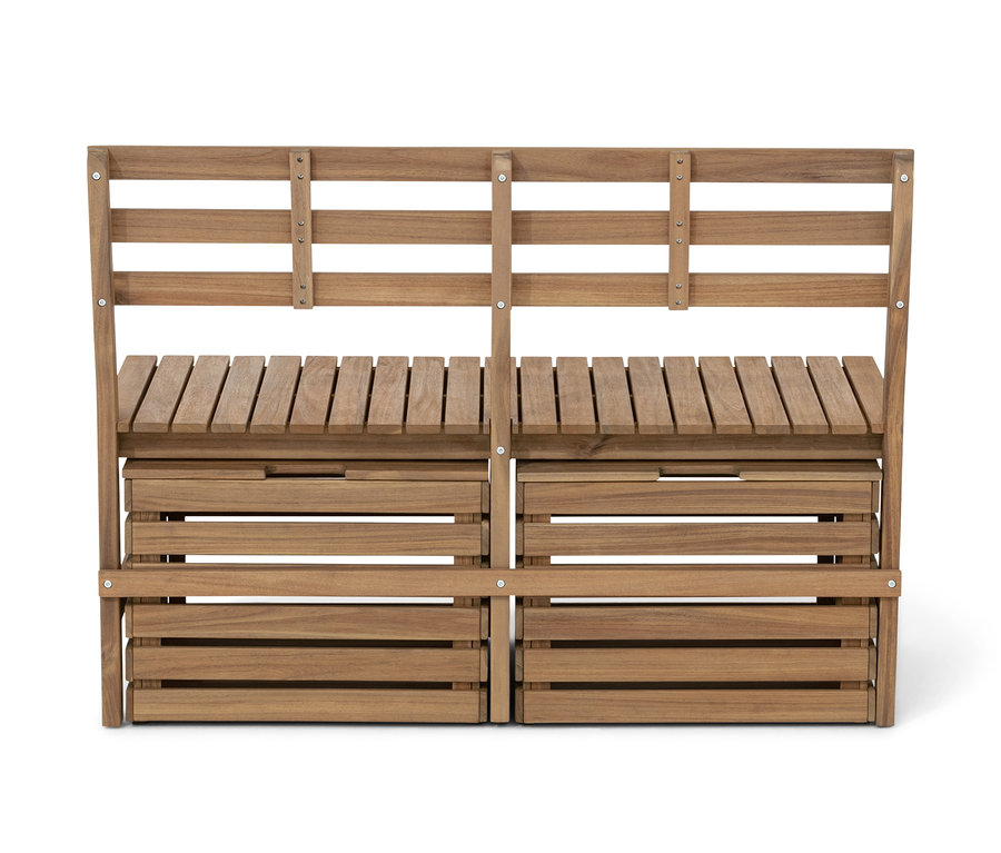 Detailansicht der Gartenbank »Lenja« mit Sitz-und-Stauraumkisten.