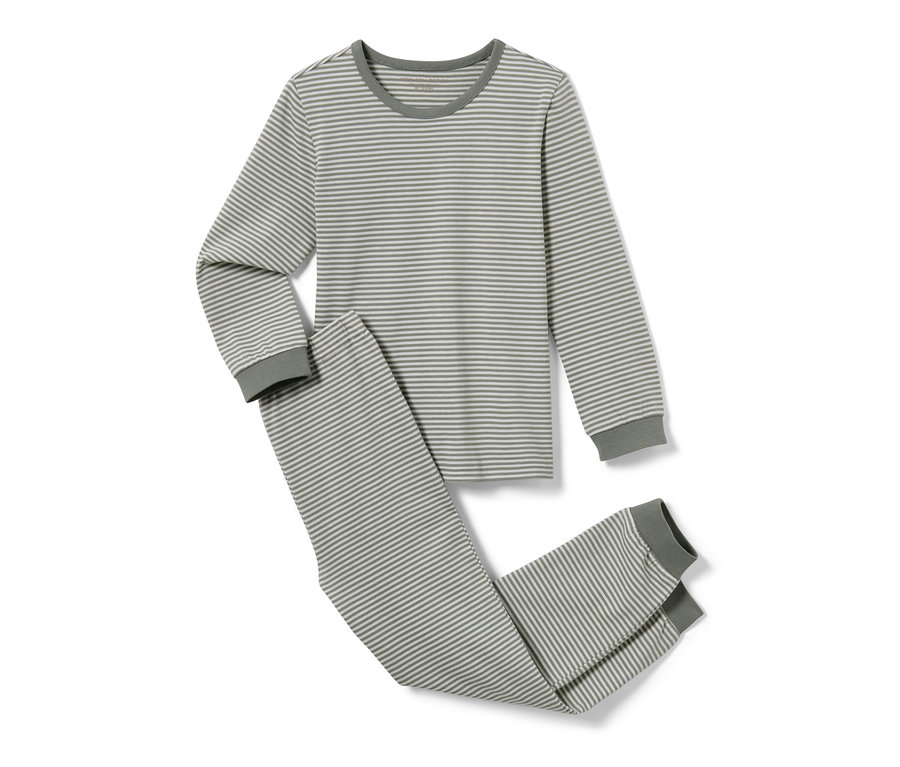 2 Kinder-Pyjamas, Outerspace, mit grauen Streifen auf weißem Hintergrund.