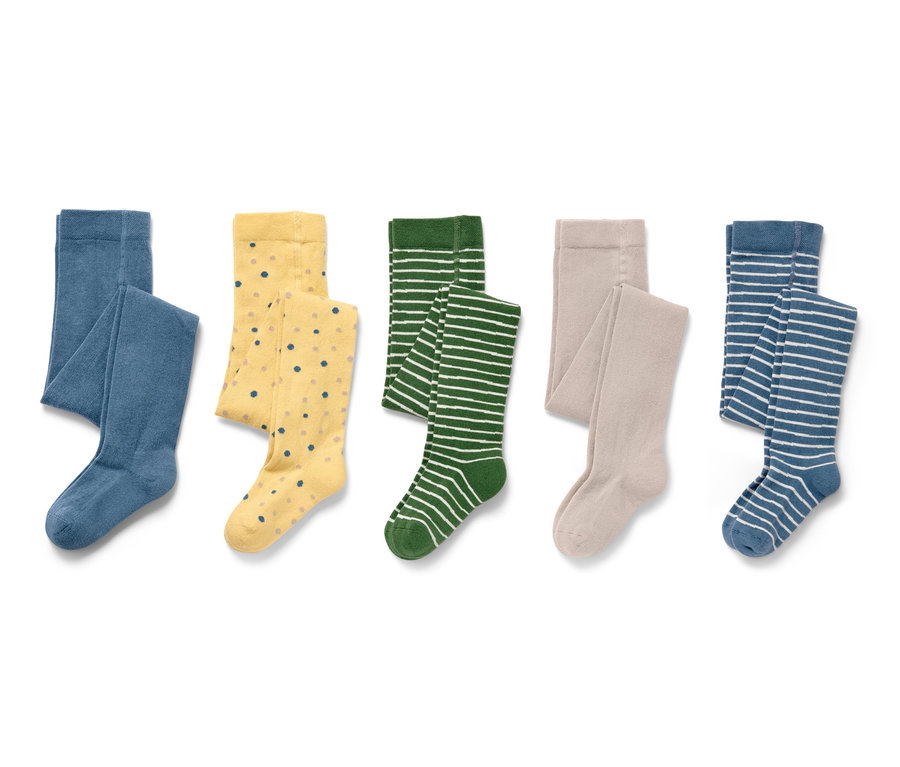 Fünf Kleinkind-Strumpfhosen in verschiedenen Farben und Mustern.