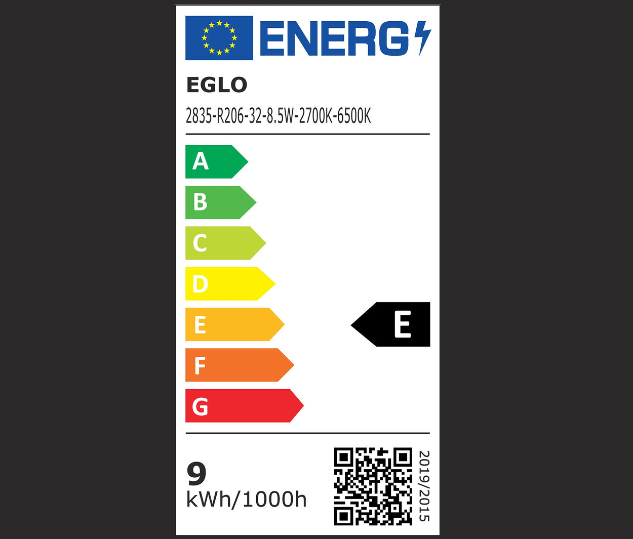 Eglo Energieetikett mit den Klassen A bis G und QR-Code.
