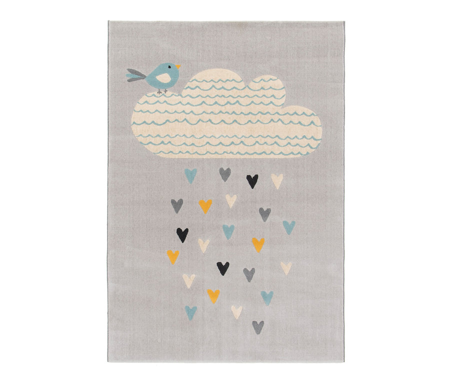 Grauer Kinderteppich COCOON »Herz«, 120 x 170 cm, mit einer Wolke, einem Vogel und Herzen.
