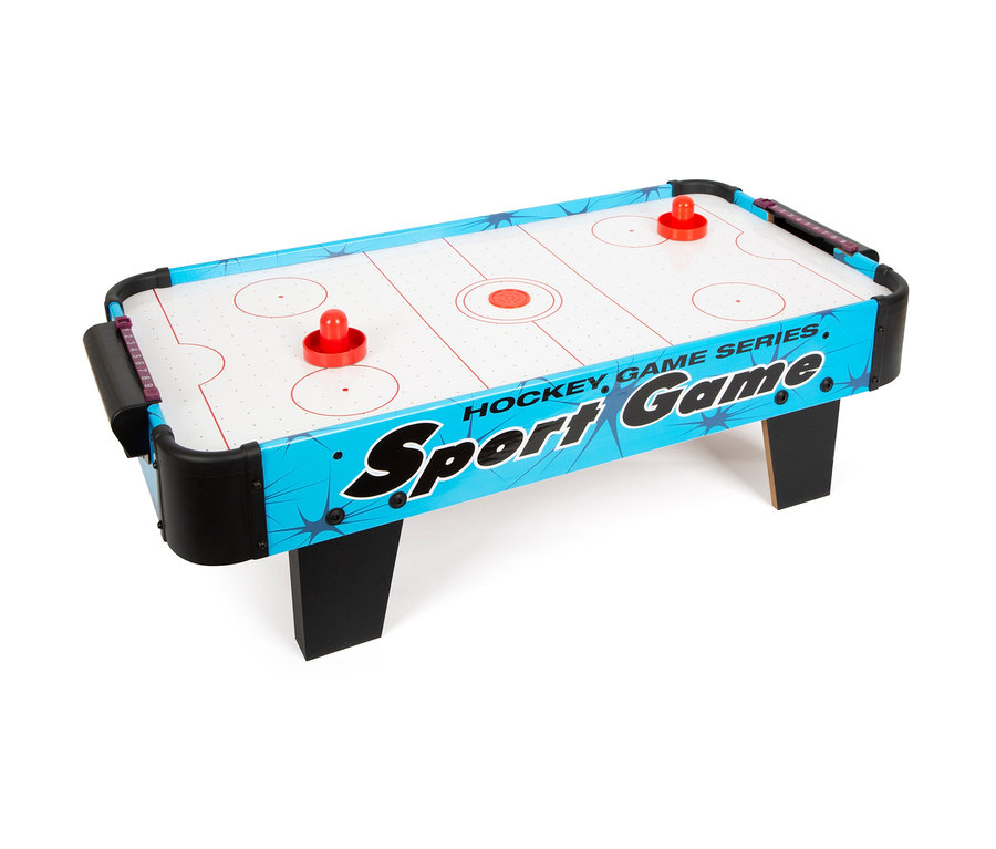 Blauer small foot Air-Hockey-Champion Tisch mit zwei roten Pucks.