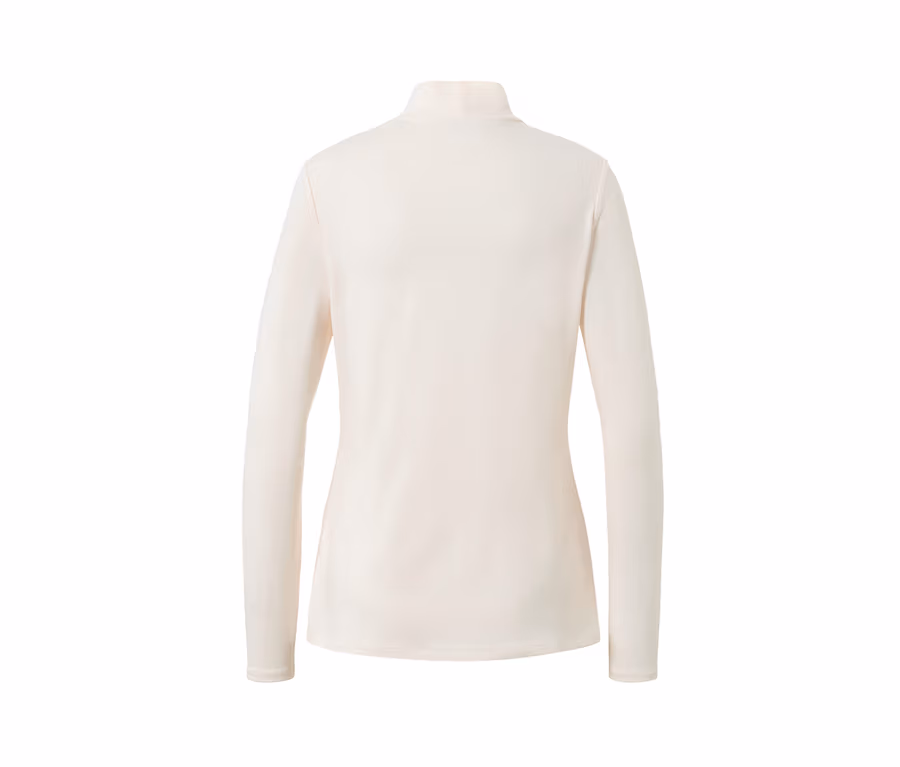 Cremefarbenes Blusenshirt mit Stehkragen von hinten.