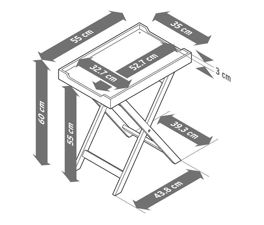 Das Diagramm zeigt die Abmessungen eines Tisches mit Polyzementplatte.
