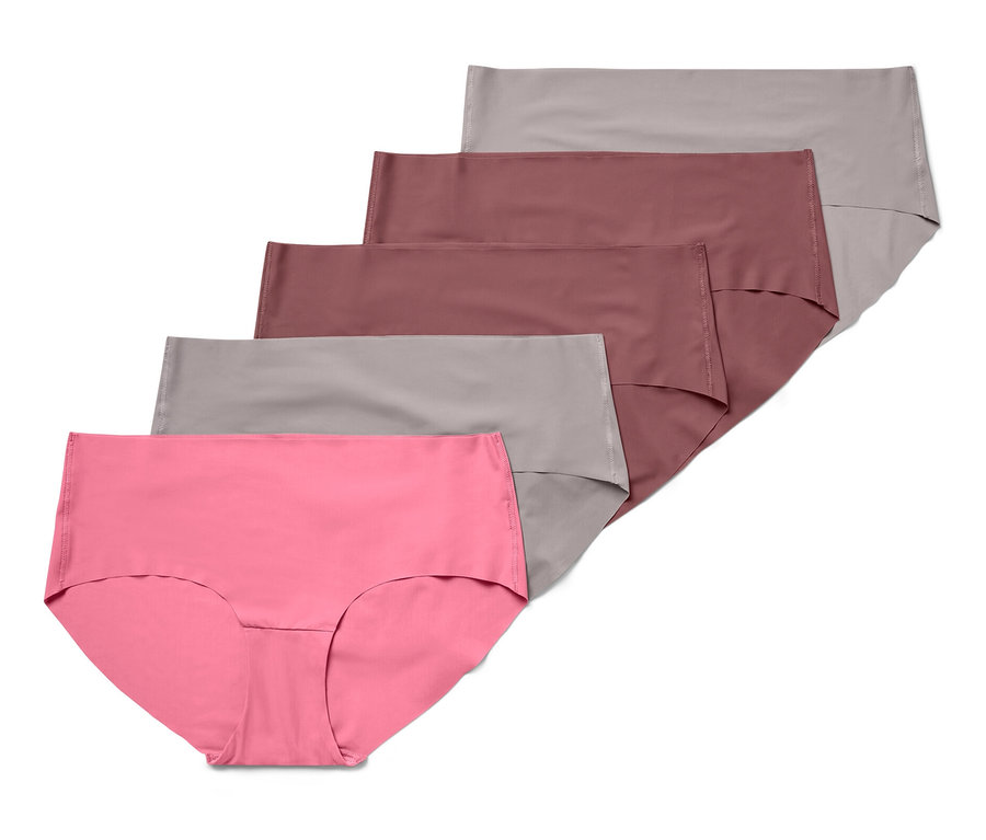 Fünf Magic-Cut-Pantys in Rosa, Grau und Braun.
