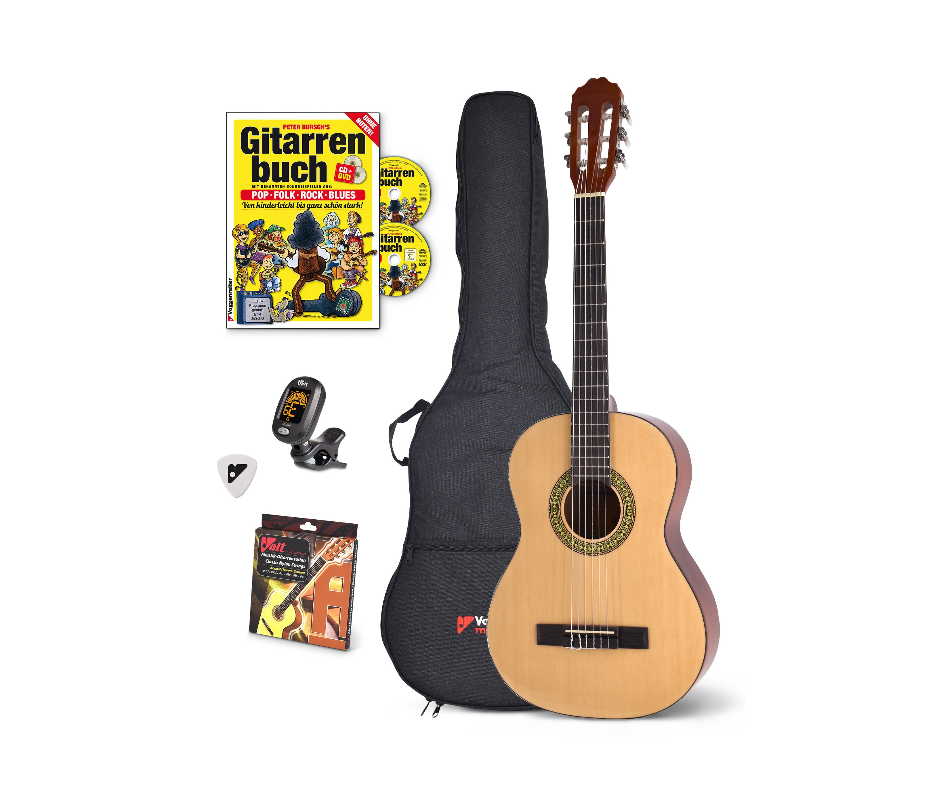 Voggenreiter VOLT Akustik Gitarren-Set 4/4 mit Tasche, Buch, DVDs, Stimmgerät, Plektrum und Saiten.