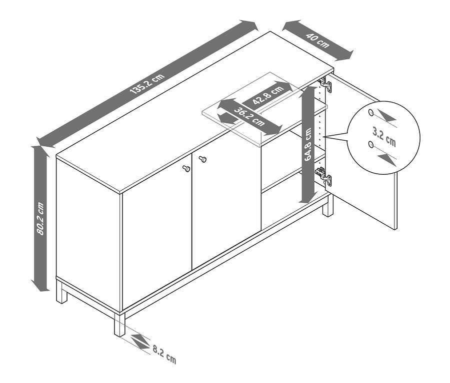 Eine Skizze eines weißen Sideboards mit hervorgehobenen Abmessungen.