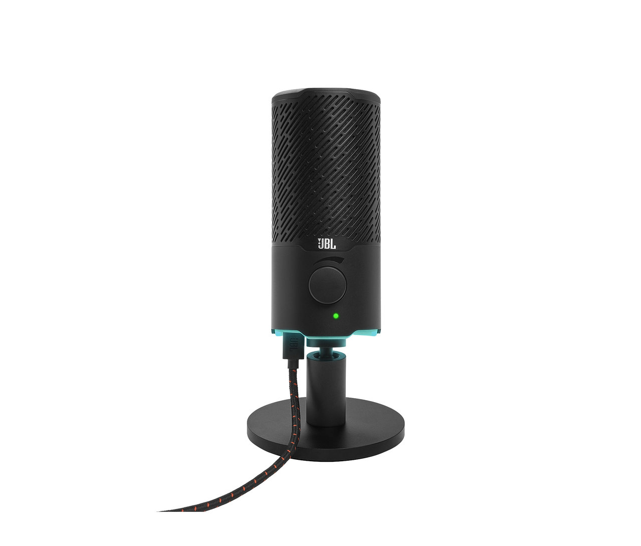 Ein schwarzes JBL Quantum Stream Mikrofon auf einem weißen Hintergrund.