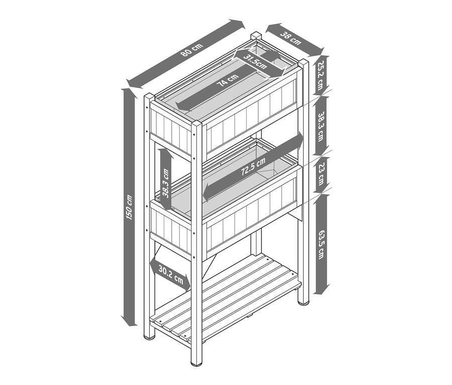 Illustration des Pflanzkasten-Regals »Elin« mit drei Ebenen und Abmessungen.
