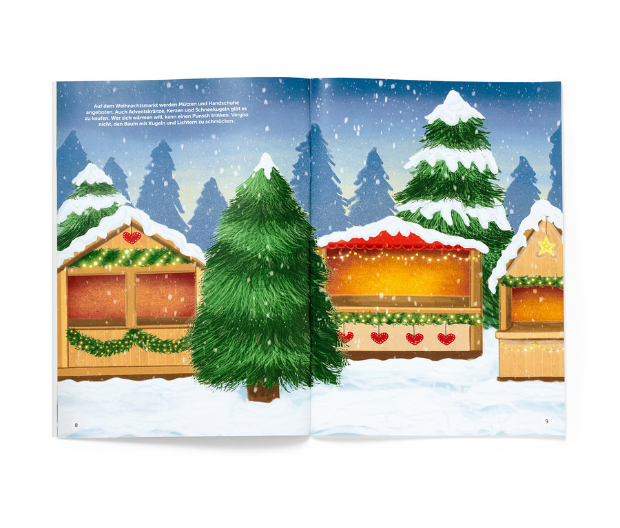 Eine Buchseite mit einer Illustration eines Weihnachtsmarktes mit schneebedeckten Bäumen und Ständen, inklusive dem Stickerbuch: »Bezaubernde Weihnachtszeit«.