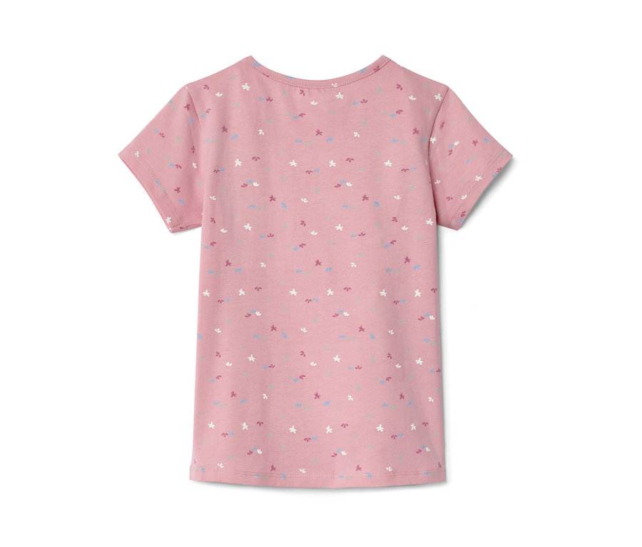 Rosa Kinder-T-Shirt mit kurzen Ärmeln und Blumenmuster. 2 Kinder-T-Shirts.