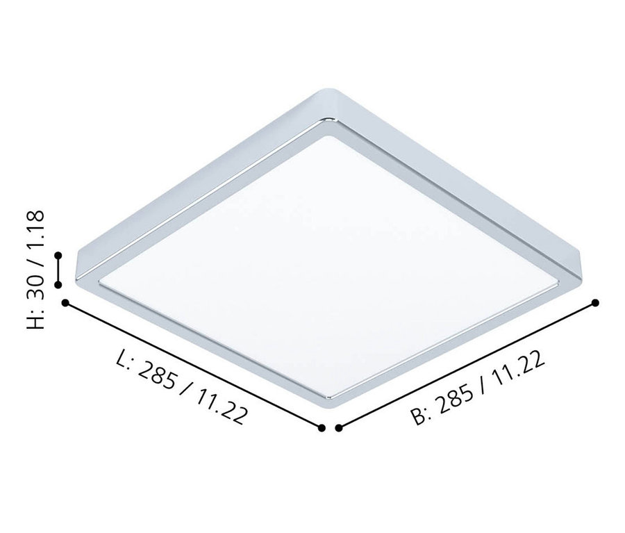 Die Abmessungen der quadratischen Eglo LED-Deckenleuchte »Fueva 5« betragen 30 mm in der Höhe und 285 mm in Breite/Länge.