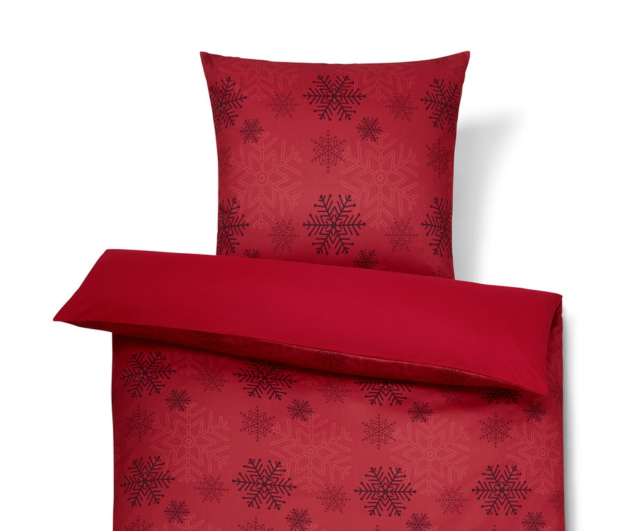 Rote Microfaser-Flanell-Bettwäsche mit Schneeflockenmuster, Normalgröße und Übergröße.