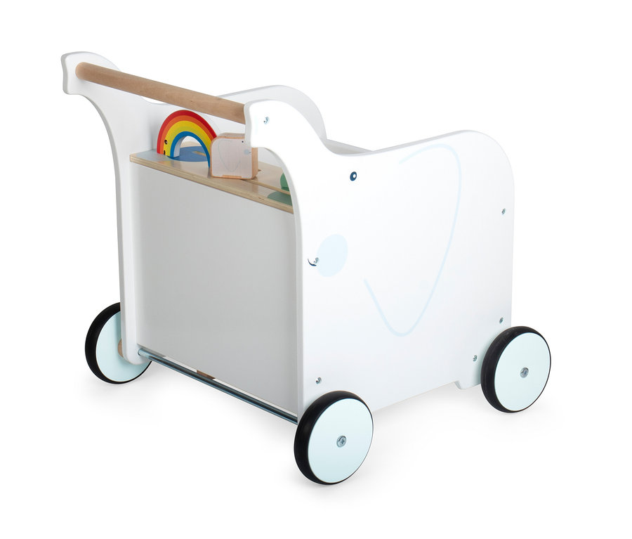 Weißer Lauflernwagen small foot Lauflernwagenbox Elefant mit Spielzeug drin.