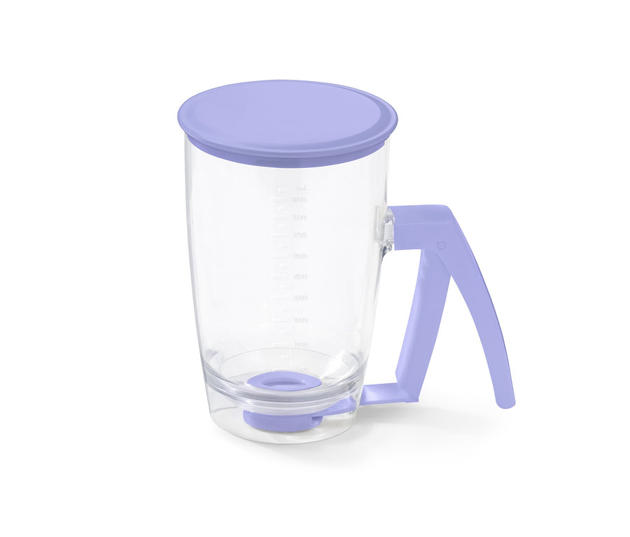 Durchsichtiger Teigportionierer mit lila Deckel und Griff.