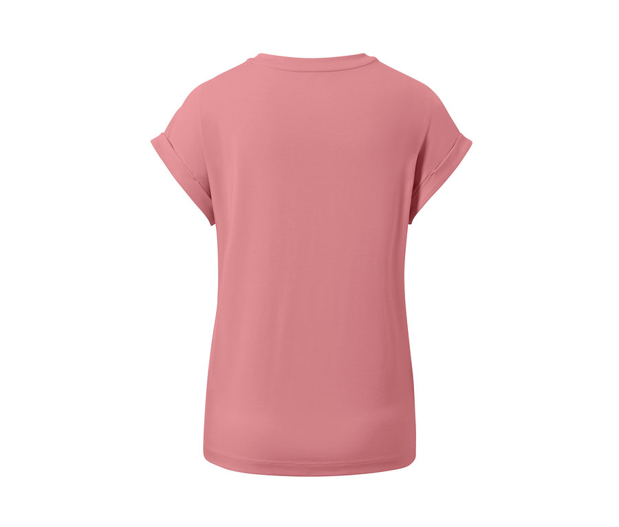 Rückansicht eines rosafarbenen T-Shirts mit Print.