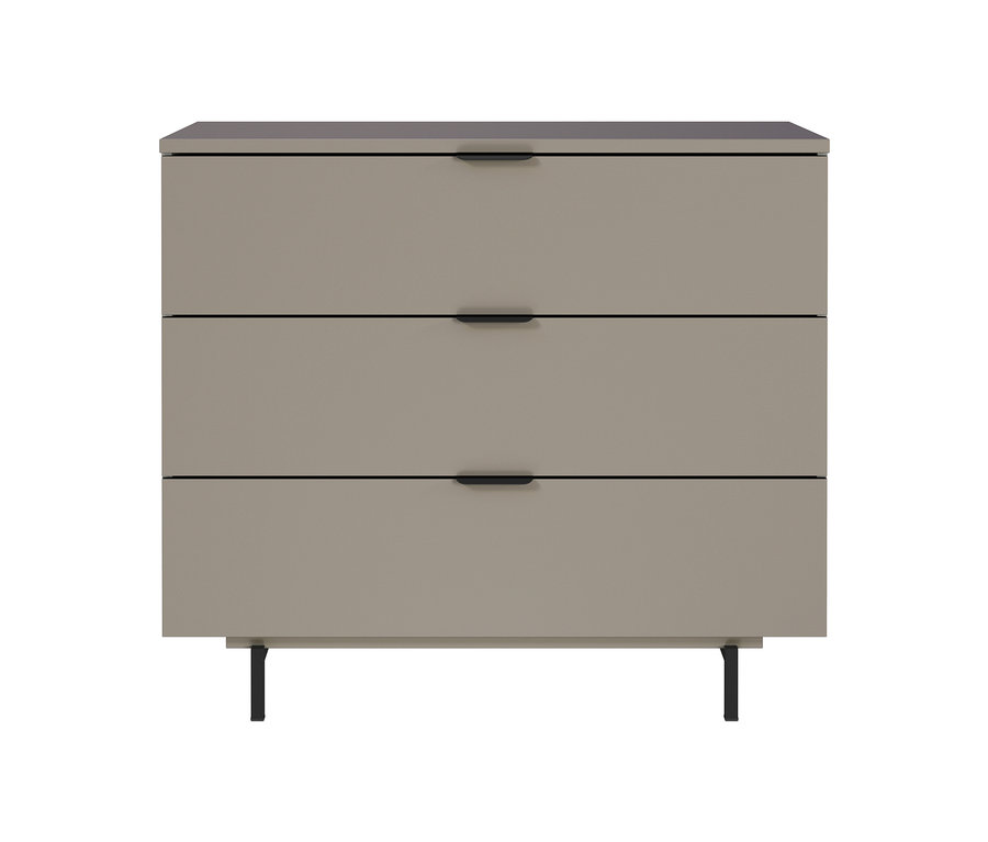 Beige Wickelkommode »Tomino« mit drei Schubladen und schwarzen Griffen.