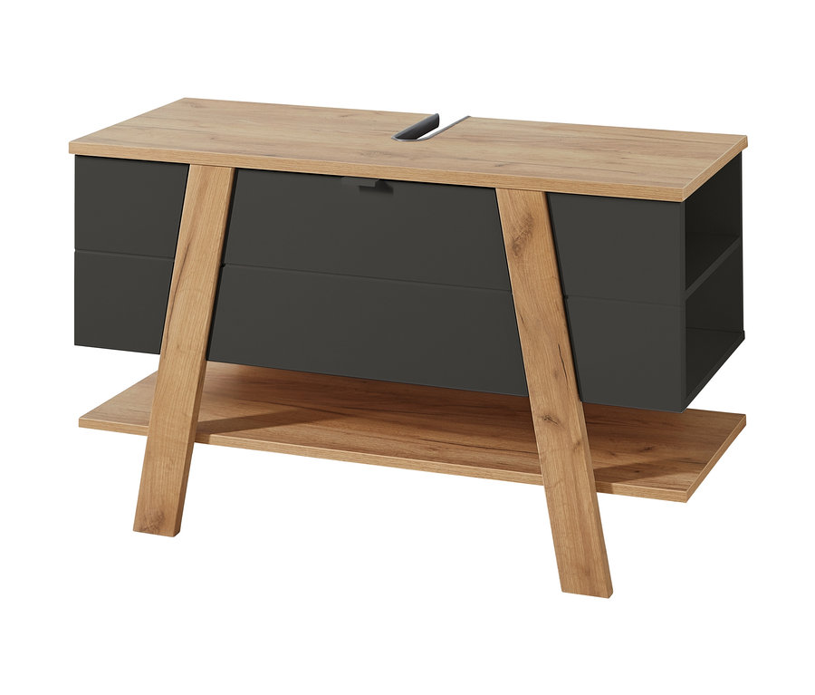 Grauer Waschbeckenunterschrank »Avellino« mit Schubladen und Holzrahmen.