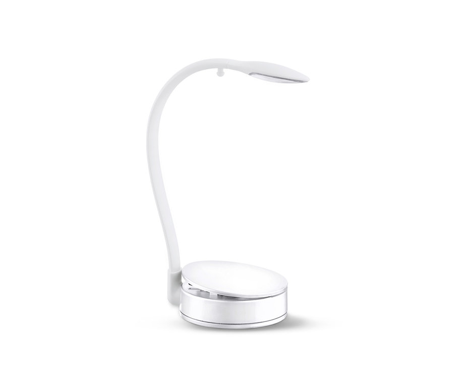 Weiße LED-Leseleuchte mit gebogenem Design.