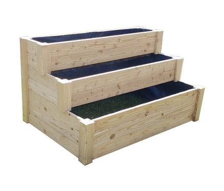 Ein Premium-Treppenhochbeet XL mit drei Ebenen, wobei der Boden einer Ebene grün ist.