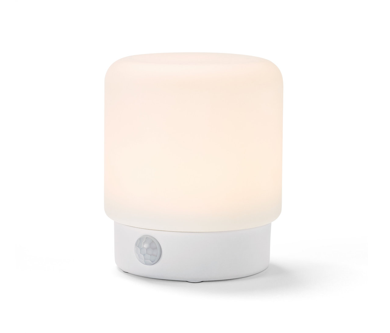 Weißes LED-Mini-Multifunktionslicht mit Bewegungsmelder auf weißem Hintergrund.