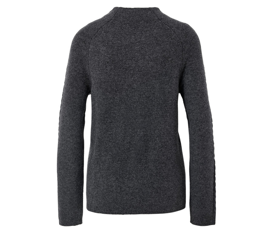 Dunkelgrauer Wollpullover mit langen Ärmeln.