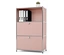 Ein rosa Schrank mit silbernem Rahmen. Im obersten Regal befinden sich Ordner und eine Topfpflanze.
