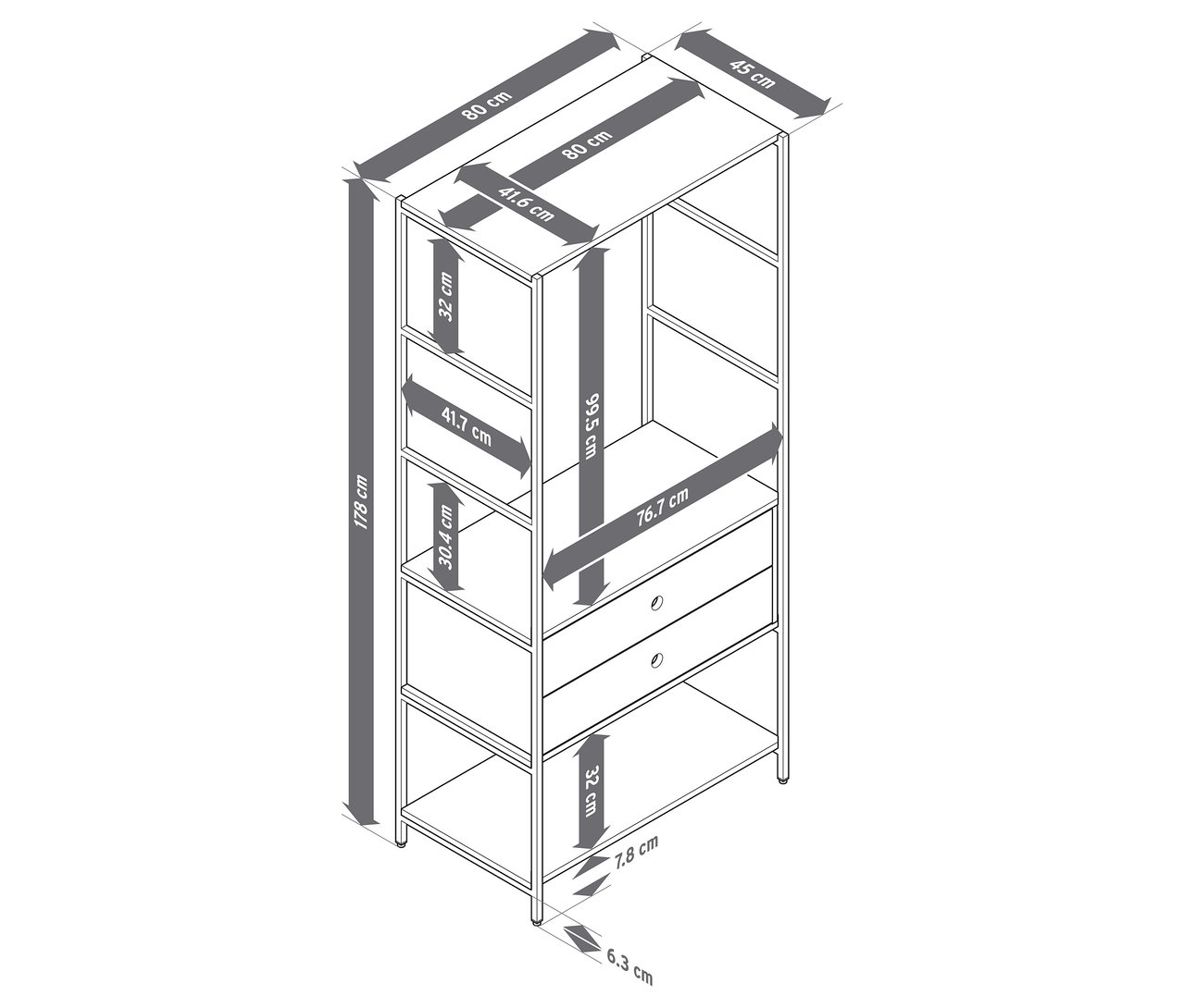 Abbildung einer Garderobe »KLAAR« mit 2 Schubladen und Abmessungen.