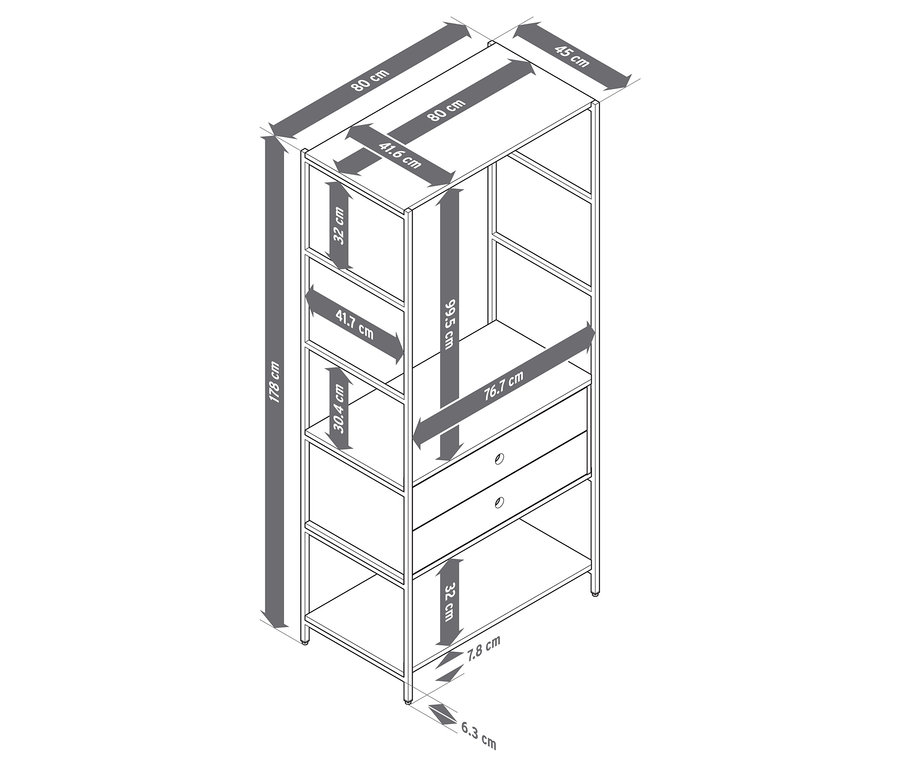 Abbildung einer Garderobe »KLAAR« mit 2 Schubladen und Abmessungen.