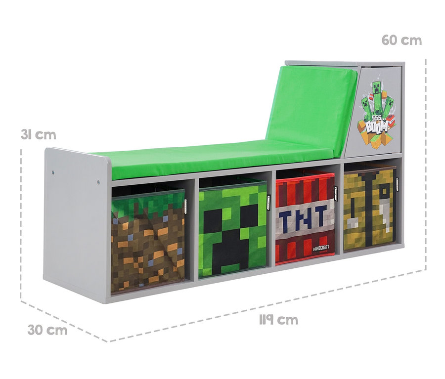 Graue roba Minecraft Sitzbank und Leseregal mit Minecraft Motiv Aufbewahrungsboxen.