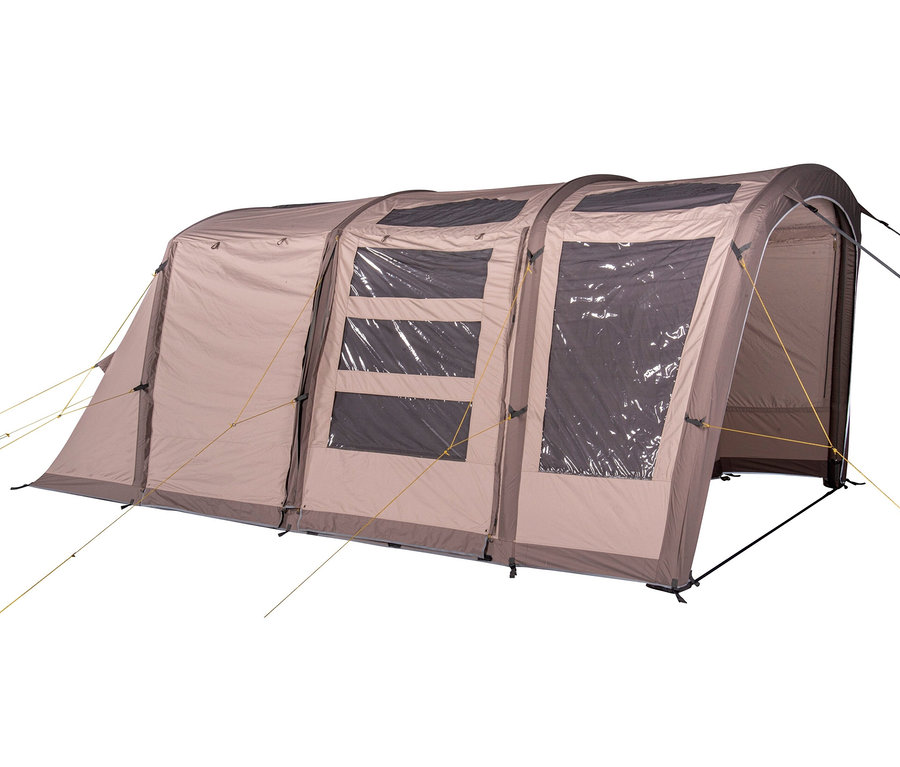 Ein beiges Tambu 4-Personen-Familien-Luftzelt mit Fenstern und Spannseilen.